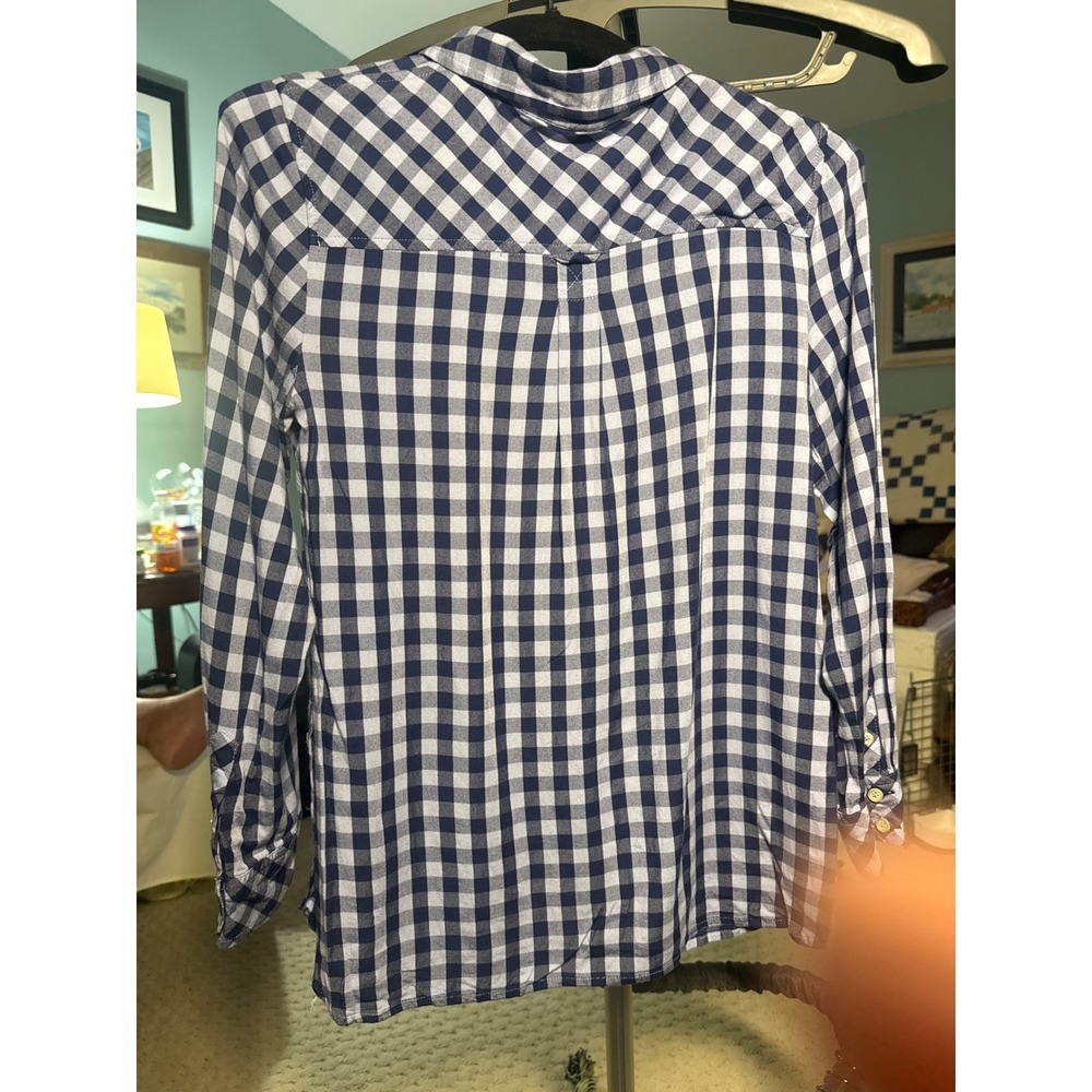 Talbots Petites Navy White Gingham Check Button Popover Blouse Top P
